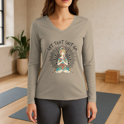 Olivenorma „Let That Shit Go“ Yoga-Meditations-Langarm-T-Shirt mit V-Ausschnitt - Khaki - 3XL - image 17