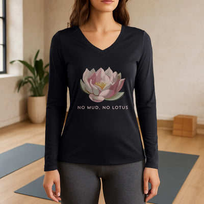 Olivenorma „NO MUD, NO LOTUS“ Yoga-T-Shirt, langärmelig, V-Ausschnitt - Schwarz - 3XL - image 0