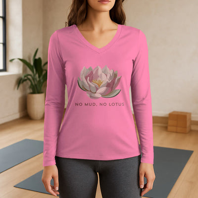 Olivenorma „NO MUD, NO LOTUS“ Yoga-T-Shirt, langärmelig, V-Ausschnitt - Rosa - 3XL - image 13