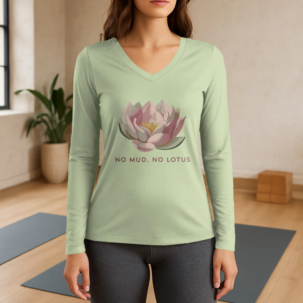 Olivenorma „NO MUD, NO LOTUS“ Yoga-T-Shirt, langärmelig, V-Ausschnitt - Hellgrün - 3XL - image 9