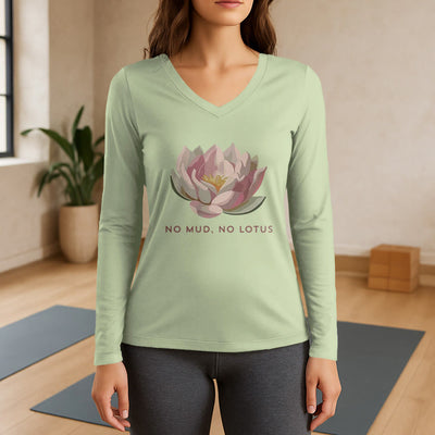 Olivenorma „NO MUD, NO LOTUS“ Yoga-T-Shirt, langärmelig, V-Ausschnitt - Hellgrün - 3XL - image 9
