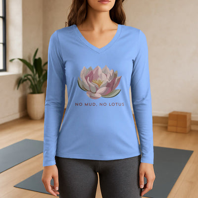 Olivenorma „NO MUD, NO LOTUS“ Yoga-T-Shirt, langärmelig, V-Ausschnitt - Hellblau - 3XL - image 10