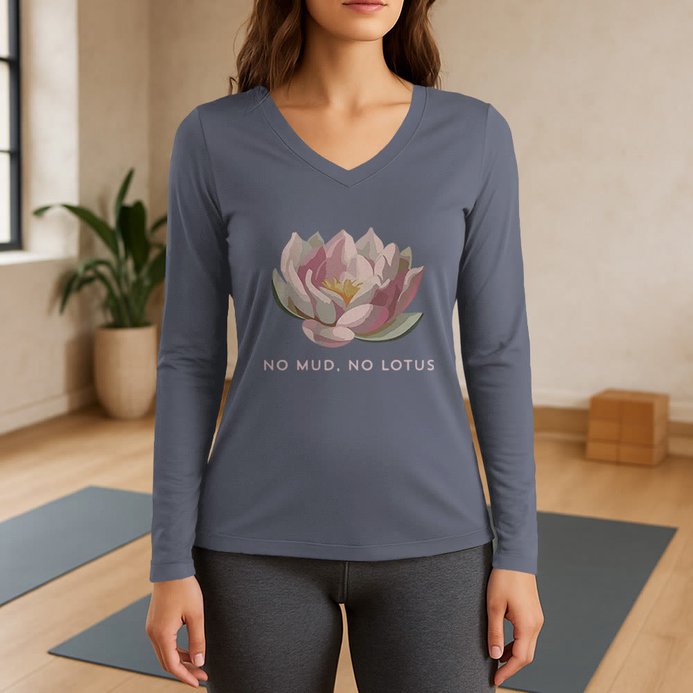 Olivenorma „NO MUD, NO LOTUS“ Yoga-T-Shirt, langärmelig, V-Ausschnitt - Grau - 3XL - image 16