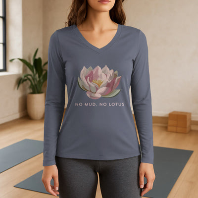 Olivenorma „NO MUD, NO LOTUS“ Yoga-T-Shirt, langärmelig, V-Ausschnitt - Grau - 3XL - image 16