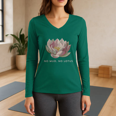 Olivenorma „NO MUD, NO LOTUS“ Yoga-T-Shirt, langärmelig, V-Ausschnitt - Grün - 3XL - image 11
