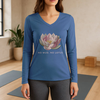 Olivenorma „NO MUD, NO LOTUS“ Yoga-T-Shirt, langärmelig, V-Ausschnitt - Blau - 3XL - image 12