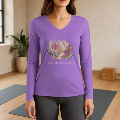 Olivenorma „NO MUD, NO LOTUS“ Yoga-T-Shirt, langärmelig, V-Ausschnitt - Lila - 3XL - image 14