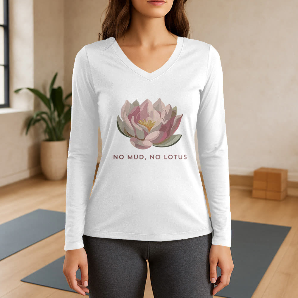 Olivenorma „NO MUD, NO LOTUS“ Yoga-T-Shirt, langärmelig, V-Ausschnitt - Weiß - 3XL - image 7