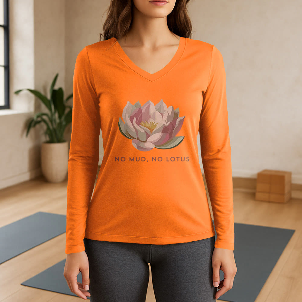 Olivenorma „NO MUD, NO LOTUS“ Yoga-T-Shirt, langärmelig, V-Ausschnitt - Orange - 3XL - image 15