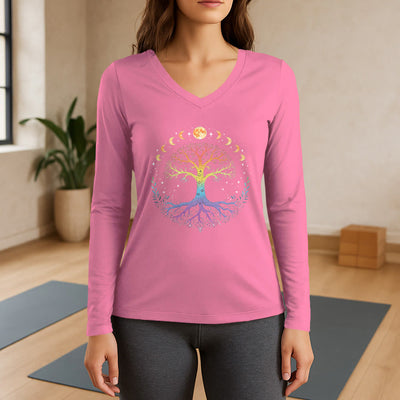 Olivenorma Baum des Lebens Langarm-T-Shirt mit V-Ausschnitt - Rosa - 3XL - image 13