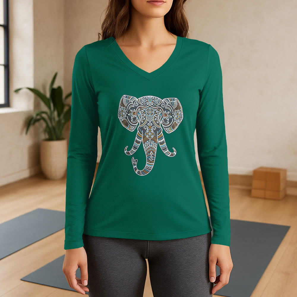 Olivenorma Damen-Langarm-T-Shirt mit Elefantenmotiv und V-Ausschnitt, Natur- und Tiermotiv - Grün - 3XL - image 0
