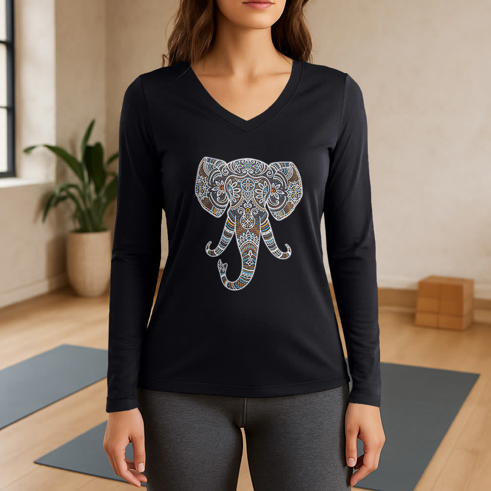 Olivenorma Damen-Langarm-T-Shirt mit Elefantenmotiv und V-Ausschnitt, Natur- und Tiermotiv - Schwarz - 3XL - image 9