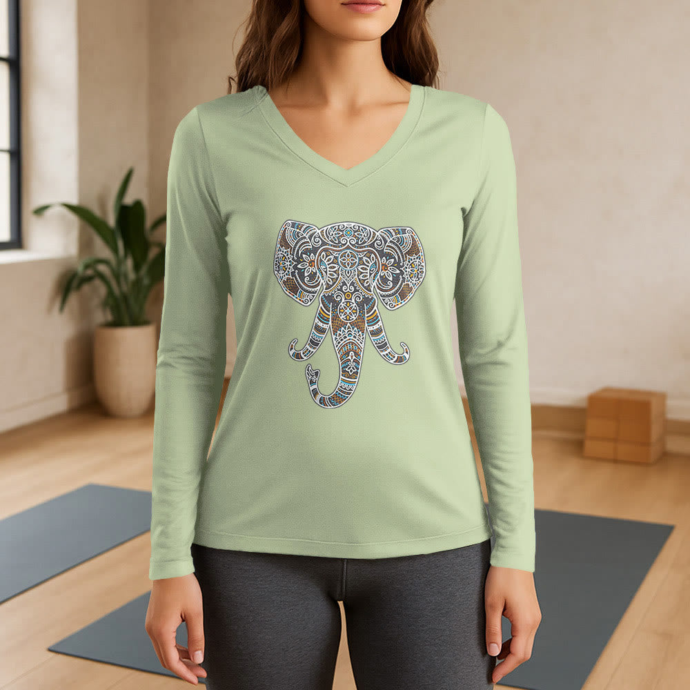 Olivenorma Damen-Langarm-T-Shirt mit Elefantenmotiv und V-Ausschnitt, Natur- und Tiermotiv - Hellgrün - 3XL - image 10