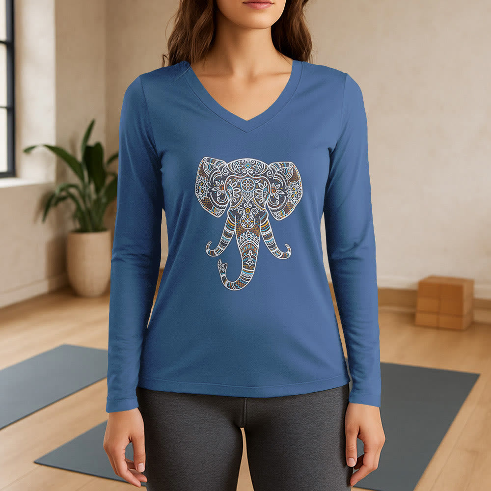 Olivenorma Damen-Langarm-T-Shirt mit Elefantenmotiv und V-Ausschnitt, Natur- und Tiermotiv - Blau - 3XL - image 12