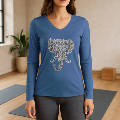 Olivenorma Damen-Langarm-T-Shirt mit Elefantenmotiv und V-Ausschnitt, Natur- und Tiermotiv - Blau - 3XL - image 12