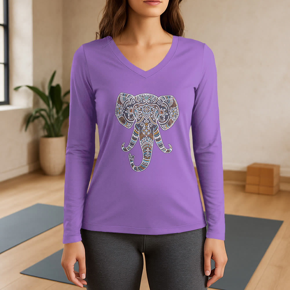 Olivenorma Damen-Langarm-T-Shirt mit Elefantenmotiv und V-Ausschnitt, Natur- und Tiermotiv - Lila - 3XL - image 14