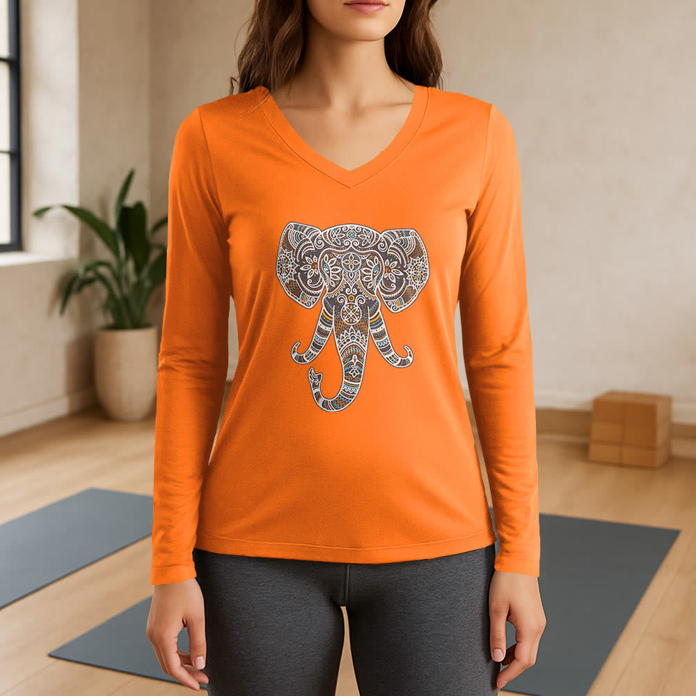 Olivenorma Damen-Langarm-T-Shirt mit Elefantenmotiv und V-Ausschnitt, Natur- und Tiermotiv - Orange - 3XL - image 15