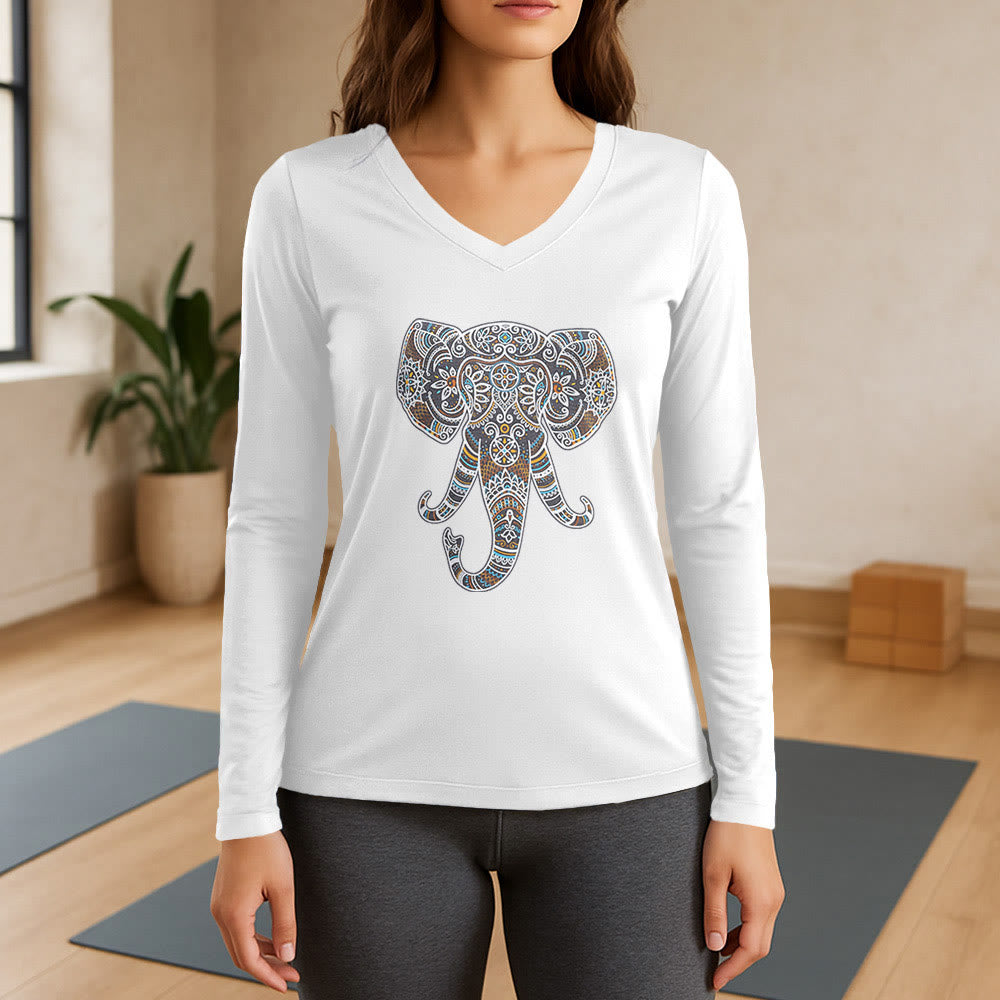 Olivenorma Damen-Langarm-T-Shirt mit Elefantenmotiv und V-Ausschnitt, Natur- und Tiermotiv - Weiß - 3XL - image 7