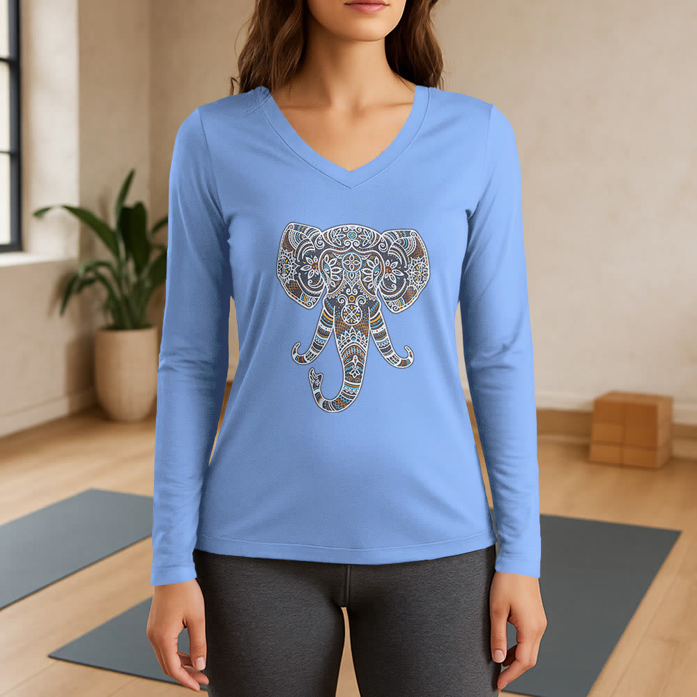 Olivenorma Damen-Langarm-T-Shirt mit Elefantenmotiv und V-Ausschnitt, Natur- und Tiermotiv - Hellblau - 3XL - image 11