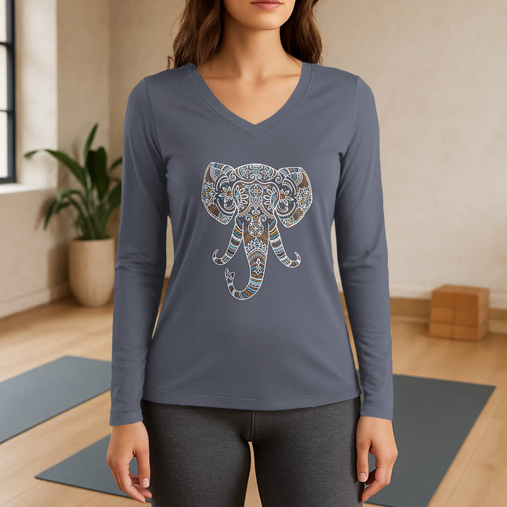 Olivenorma Damen-Langarm-T-Shirt mit Elefantenmotiv und V-Ausschnitt, Natur- und Tiermotiv - Grau - 3XL - image 16