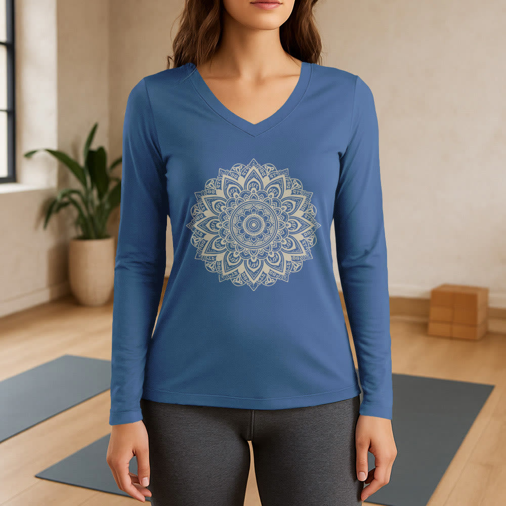 Olivenorma Yoga-Langarmshirt mit geometrischem Lotusblumenmuster - Blau - 3XL - image 12