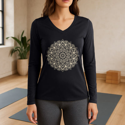 Olivenorma Yoga-Langarmshirt mit geometrischem Lotusblumenmuster - Schwarz - 3XL - image 9