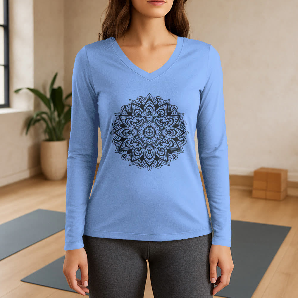 Olivenorma Yoga-Langarmshirt mit geometrischem Lotusblumenmuster - Hellblau - 3XL - image 10
