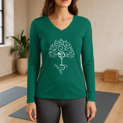 Olivenorma Yoga Baumpose Langarm-T-Shirt mit V-Ausschnitt - Grün - 3XL - image 2