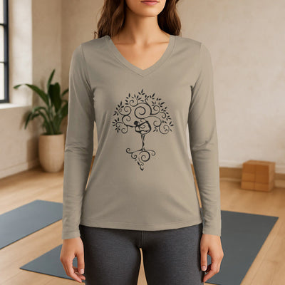Olivenorma Yoga Baumpose Langarm-T-Shirt mit V-Ausschnitt - Khaki - 3XL - image 18