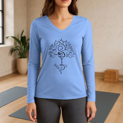 Olivenorma Yoga Baumpose Langarm-T-Shirt mit V-Ausschnitt - Hellblau - 3XL - image 12