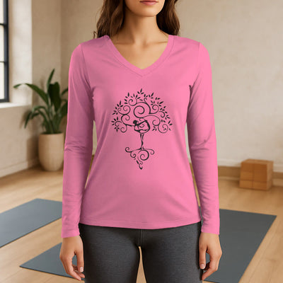 Olivenorma Yoga Baumpose Langarm-T-Shirt mit V-Ausschnitt - Rosa - 3XL - image 14