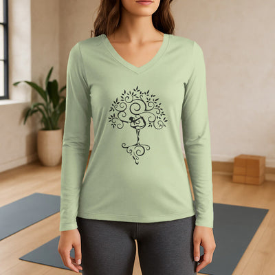 Olivenorma Yoga Baumpose Langarm-T-Shirt mit V-Ausschnitt - image 1