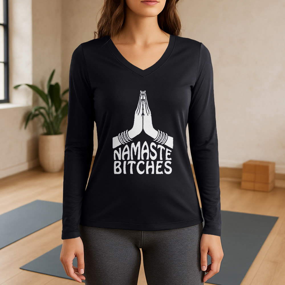 Olivenorma Lustiges Namaste Meditation Yoga Langarm-T-Shirt mit V-Ausschnitt - Schwarz - 3XL - image 0