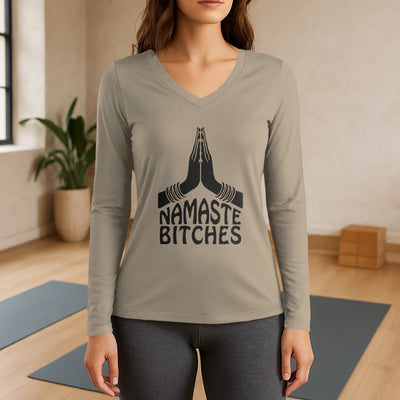 Olivenorma Lustiges Namaste Meditation Yoga Langarm-T-Shirt mit V-Ausschnitt - Khaki - 3XL - image 17