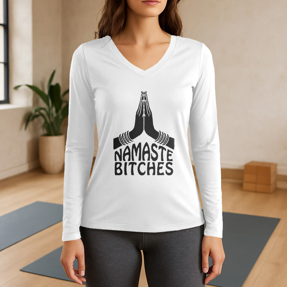 Olivenorma Lustiges Namaste Meditation Yoga Langarm-T-Shirt mit V-Ausschnitt - Weiß - 3XL - image 7