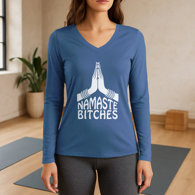 Olivenorma Lustiges Namaste Meditation Yoga Langarm-T-Shirt mit V-Ausschnitt - Blau - 3XL - image 12