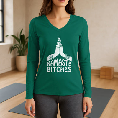 Olivenorma Lustiges Namaste Meditation Yoga Langarm-T-Shirt mit V-Ausschnitt - Grün - 3XL - image 11