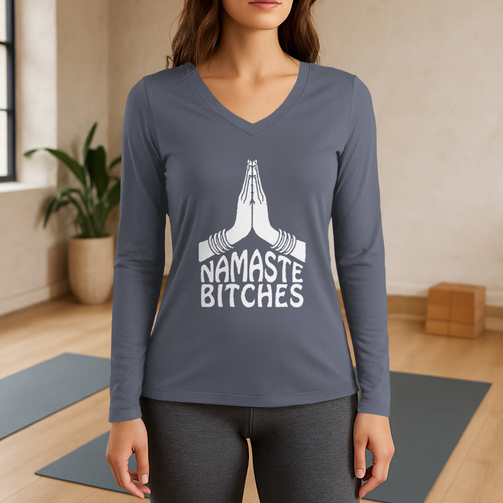 Olivenorma Lustiges Namaste Meditation Yoga Langarm-T-Shirt mit V-Ausschnitt - Grau - 3XL - image 16