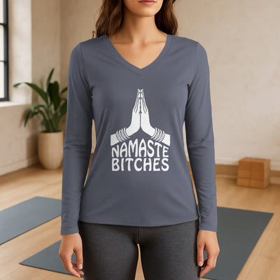 Olivenorma Lustiges Namaste Meditation Yoga Langarm-T-Shirt mit V-Ausschnitt - Grau - 3XL - image 16