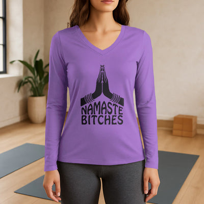 Olivenorma Lustiges Namaste Meditation Yoga Langarm-T-Shirt mit V-Ausschnitt - Lila - 3XL - image 14