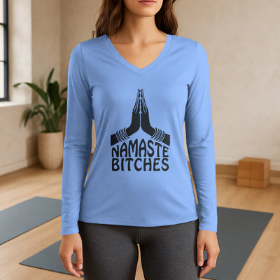 Olivenorma Lustiges Namaste Meditation Yoga Langarm-T-Shirt mit V-Ausschnitt - Hellblau - 3XL - image 10