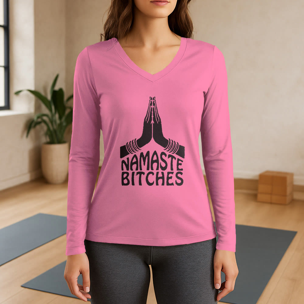 Olivenorma Lustiges Namaste Meditation Yoga Langarm-T-Shirt mit V-Ausschnitt - Rosa - 3XL - image 13