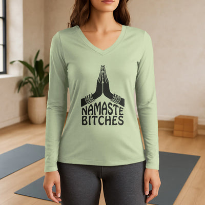 Olivenorma Lustiges Namaste Meditation Yoga Langarm-T-Shirt mit V-Ausschnitt - Hellgrün - 3XL - image 9