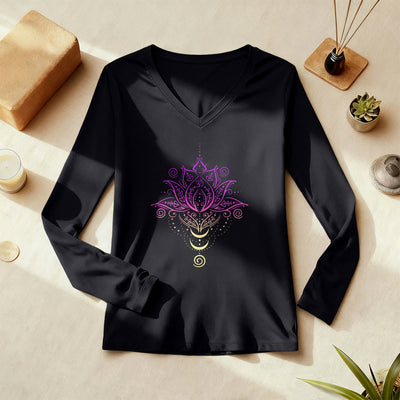 Olivenorma OM Lotusblumen-Langarm-T-Shirt mit V-Ausschnitt - image 1