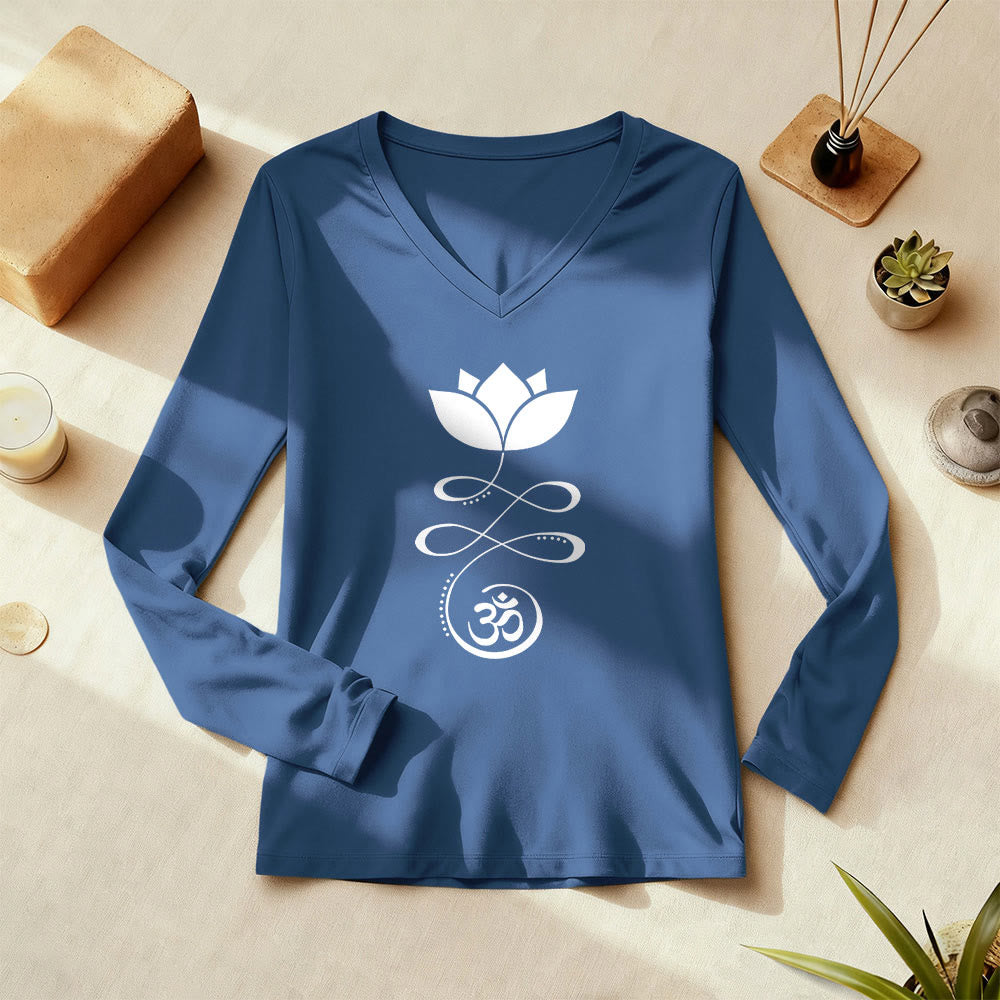 Olivenorma Yoga Lotusblume Om Symbol Langarm-T-Shirt mit V-Ausschnitt - image 1