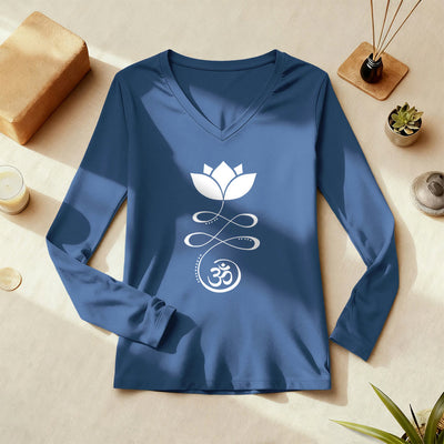 Olivenorma Yoga Lotusblume Om Symbol Langarm-T-Shirt mit V-Ausschnitt - image 1