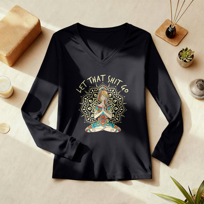 Olivenorma „Let That Shit Go“ Yoga-Meditations-Langarm-T-Shirt mit V-Ausschnitt - image 1