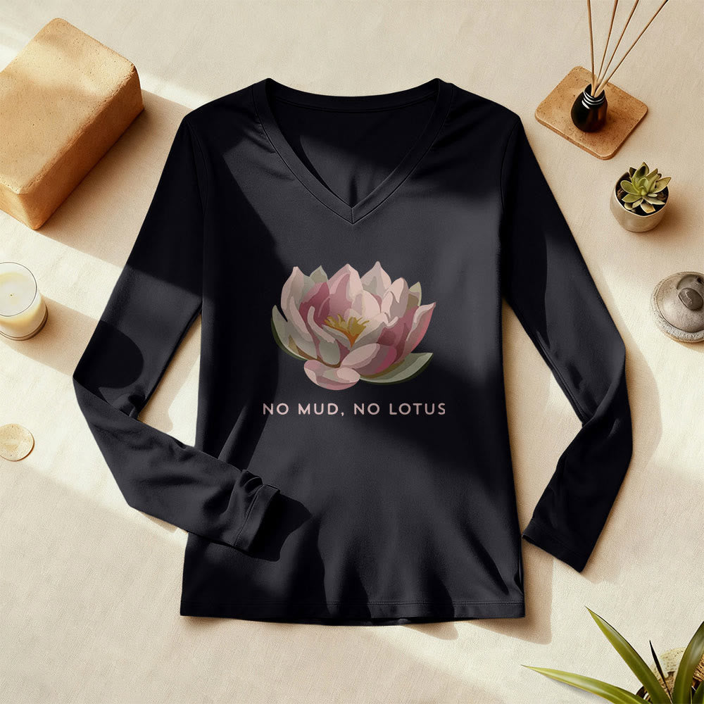 Olivenorma „NO MUD, NO LOTUS“ Yoga-T-Shirt, langärmelig, V-Ausschnitt - image 1