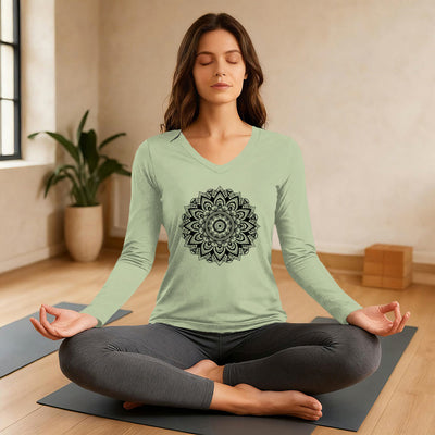 Olivenorma Yoga-Langarmshirt mit geometrischem Lotusblumenmuster - image 3