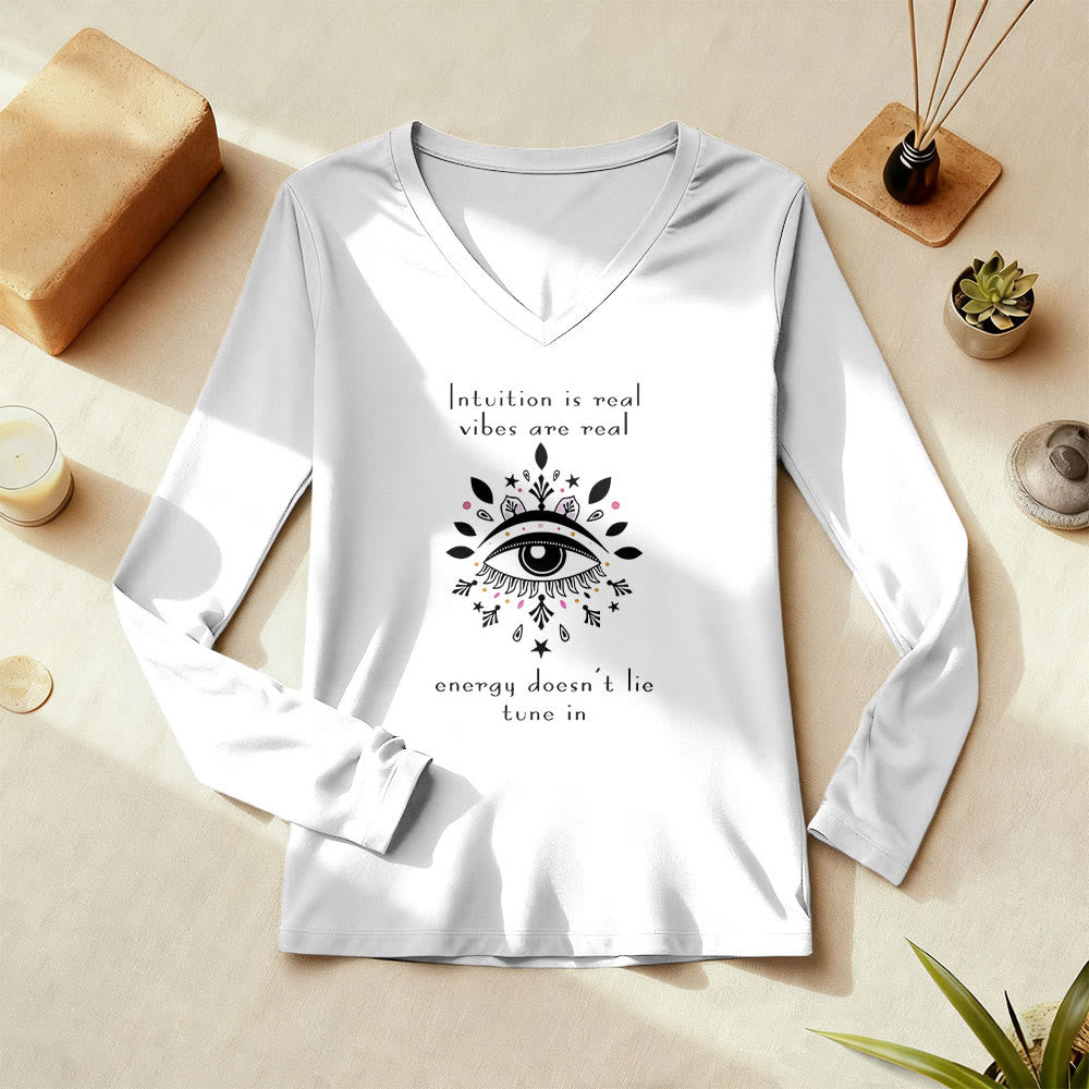 Olivenorma Intuition Evil Eye Design Langarm-T-Shirt mit V-Ausschnitt - image 1